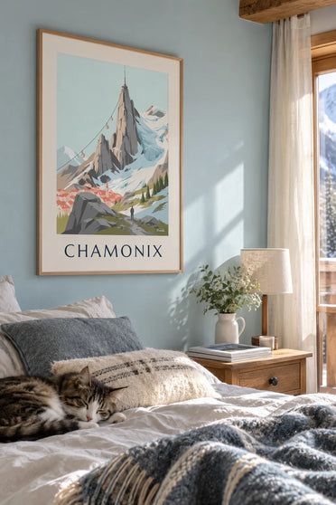 Affiche aiguille du Midi et téléphérique au-dessus de Chamonix : encadrée au mur