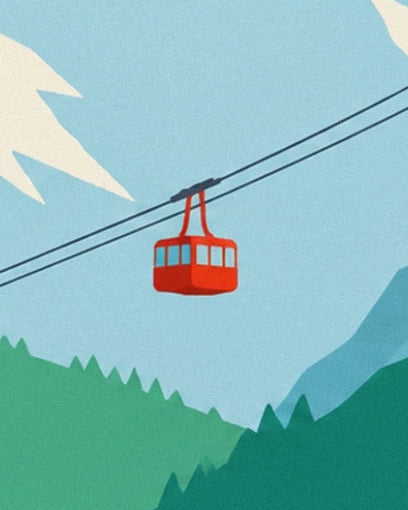 The red cable car suspended above the wooded slopes