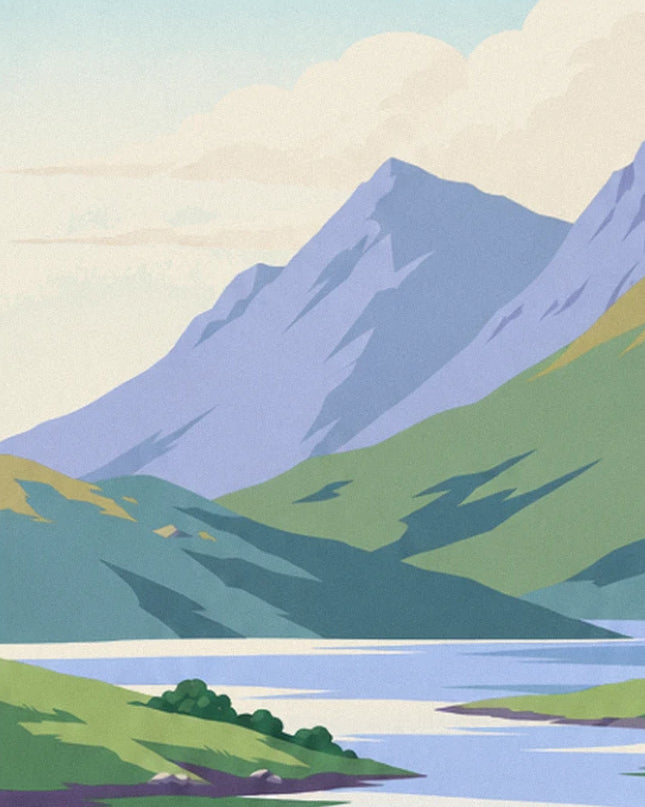 Blue mountains and green hills plunging into the lake beneath a cloudy sky