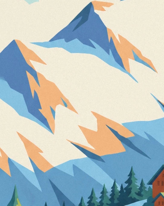 Les pentes enneigées du massif, aux arêtes bleues et orangées, avec des sapins en bas