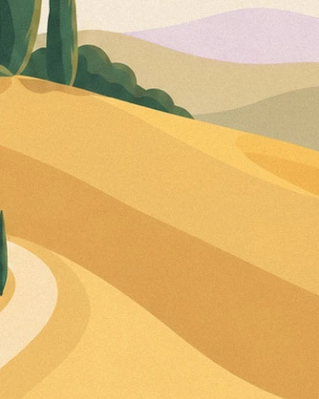 Les courbes des collines dorées, un chemin sinueux et des reliefs mauves au loin
