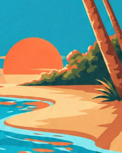 The orange setting sun above a golden beach lined with palm trees