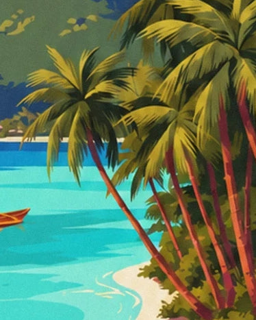 The leaning palm trees on a pale beach beside the turquoise lagoon