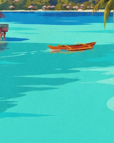 An orange outrigger canoe on the turquoise waters of the Bora-Bora lagoon