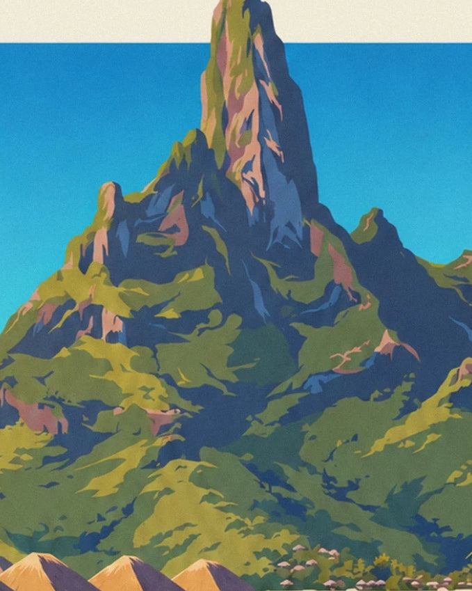 The rugged ridges of mont Otemanu, among green vegetation and blue shadows