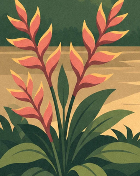 Les fleurs rouge corail bordées de jaune et leur feuillage vert au bord de la rivière