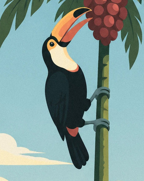 Le toucan au plumage noir et au bec orangé, agrippé au palmier près des fruits rouges