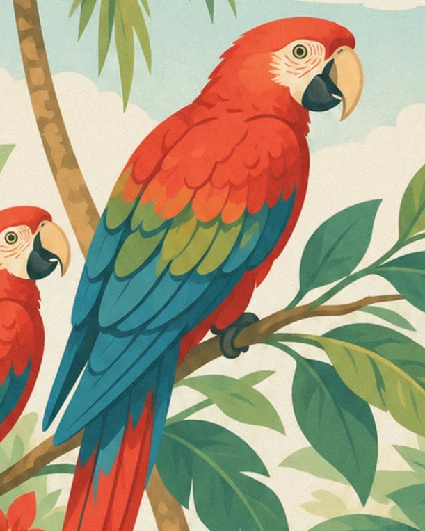 Un perroquet rouge aux ailes bleues et vertes, perché sur une branche