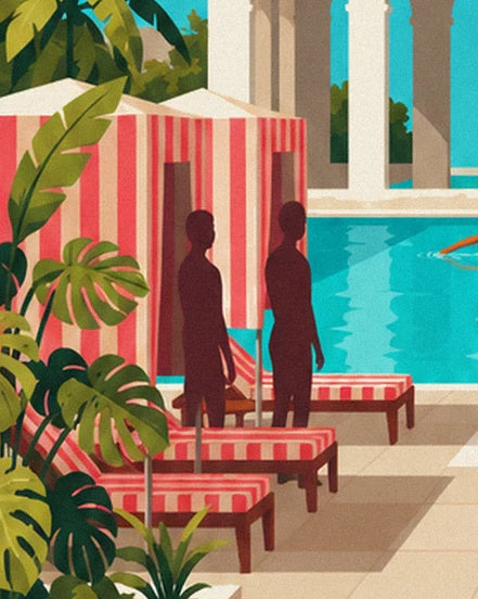 The 2 figures in front of the pink striped changing cabins and poolside sun loungers