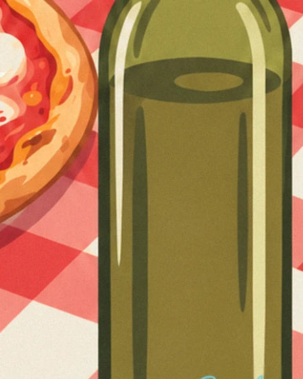 A green bottle of olive oil beside the pizza on the red and white checked tablecloth