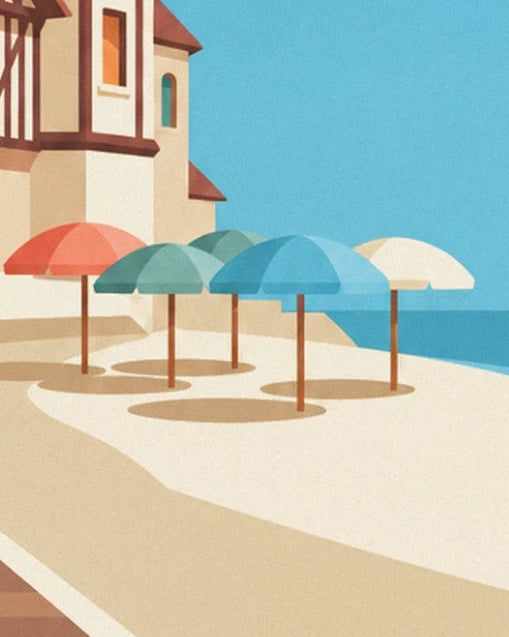Les parasols corail, verts, bleus et crème sur le sable, face à la mer de Deauville