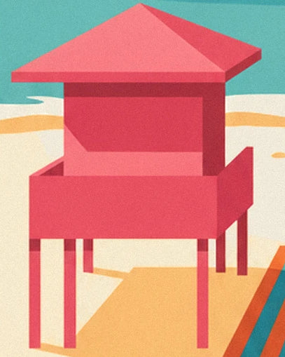 The pink lifeguard hut on stilts, with its pyramid roof and balcony