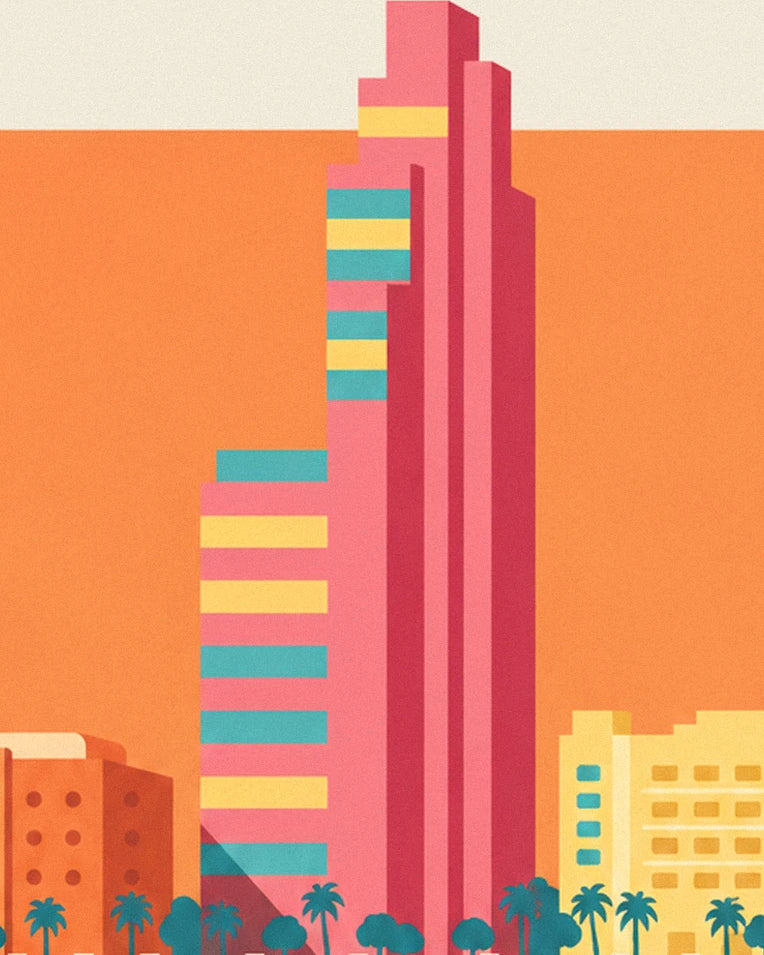 The slender pink tower with yellow and turquoise windows, flanked by palm trees