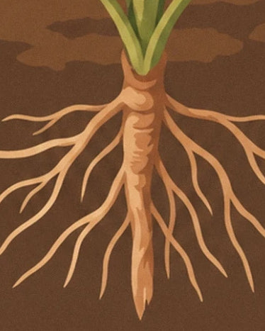 The central ochre root and its many branches in the brown soil