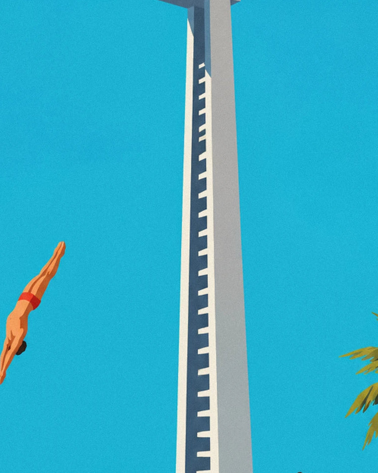 Diver mid-dive above a swimming pool poster: close-up detail