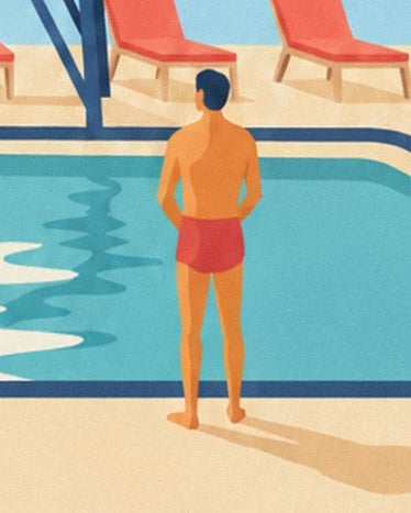 Un baigneur de dos en maillot rouge au bord de la piscine turquoise