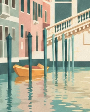 An ochre boat between turquoise posts, at the foot of the Venetian façades