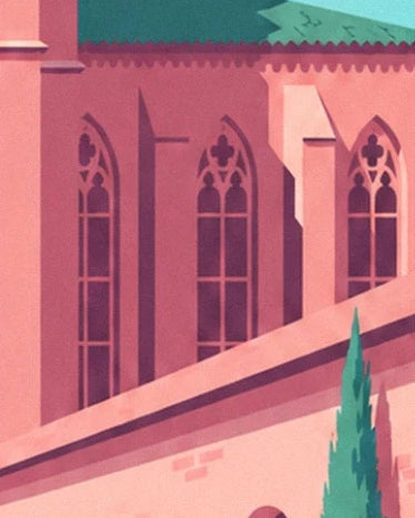 The Gothic windows of the pink façade above the sloping cloister roof