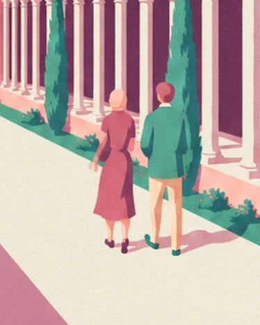 A couple seen from behind in the cloister walkway, between pale columns and cypress trees