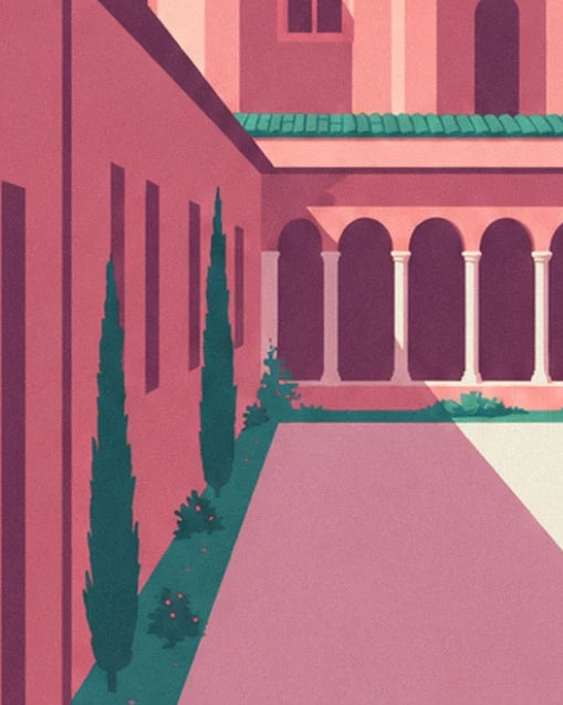 The cloister arches at the end of a pink path lined with cypress trees
