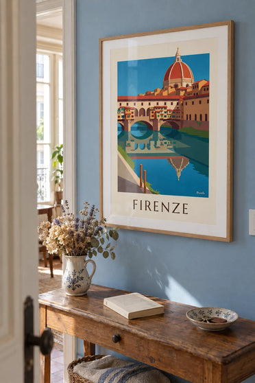 Plakat Ponte Vecchio i Arno we Florencji: w ramie na ścianie