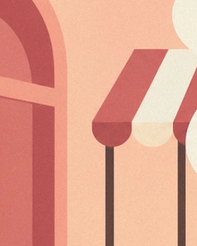 The red and cream striped awning beside an arched opening in the peach façade