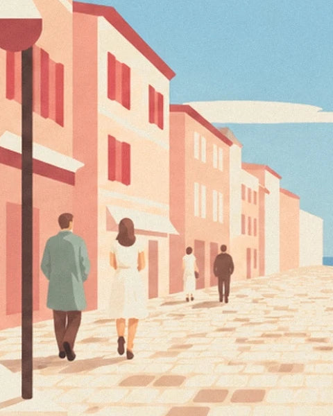 Walkers on the cobbled street lined with pink façades and red shutters