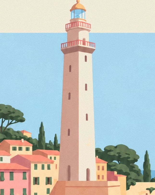 The slender lighthouse with pink balconies, between pastel façades and umbrella pines