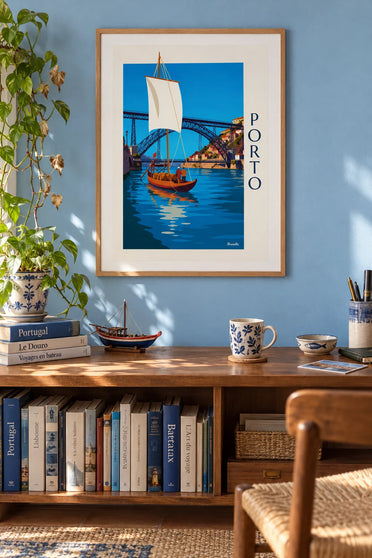 Plakat most Dom Luís i łódź rabelo na Douro w Porto: w ramie na ścianie