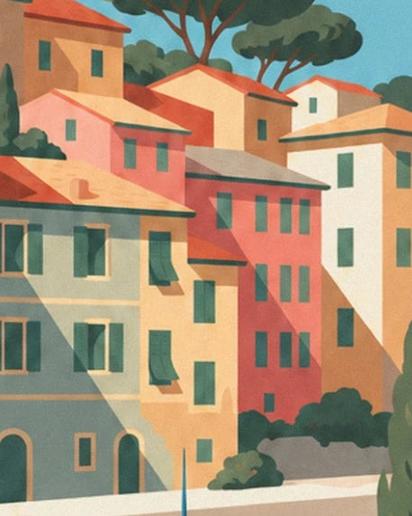 The pink, yellow and orange façades with green shutters in the harbour of Portofino
