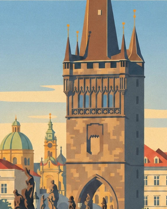 The brown stone Gothic tower and its spires in front of the green domes