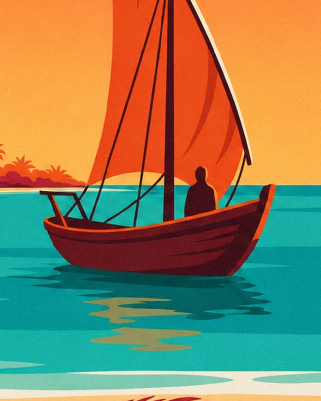 Le boutre à voile orangée et son marin en silhouette sur l’eau turquoise