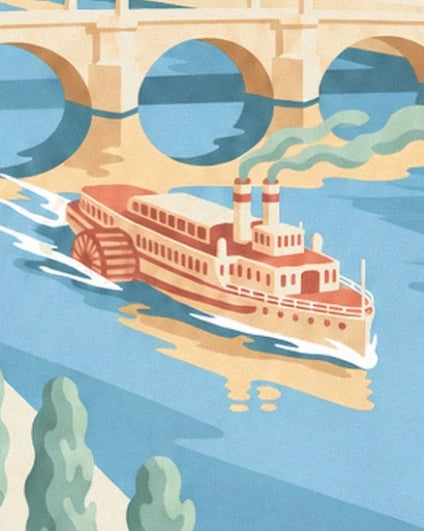 Le bateau à aubes crème et rouge sur le Danube, sous les arches du pont