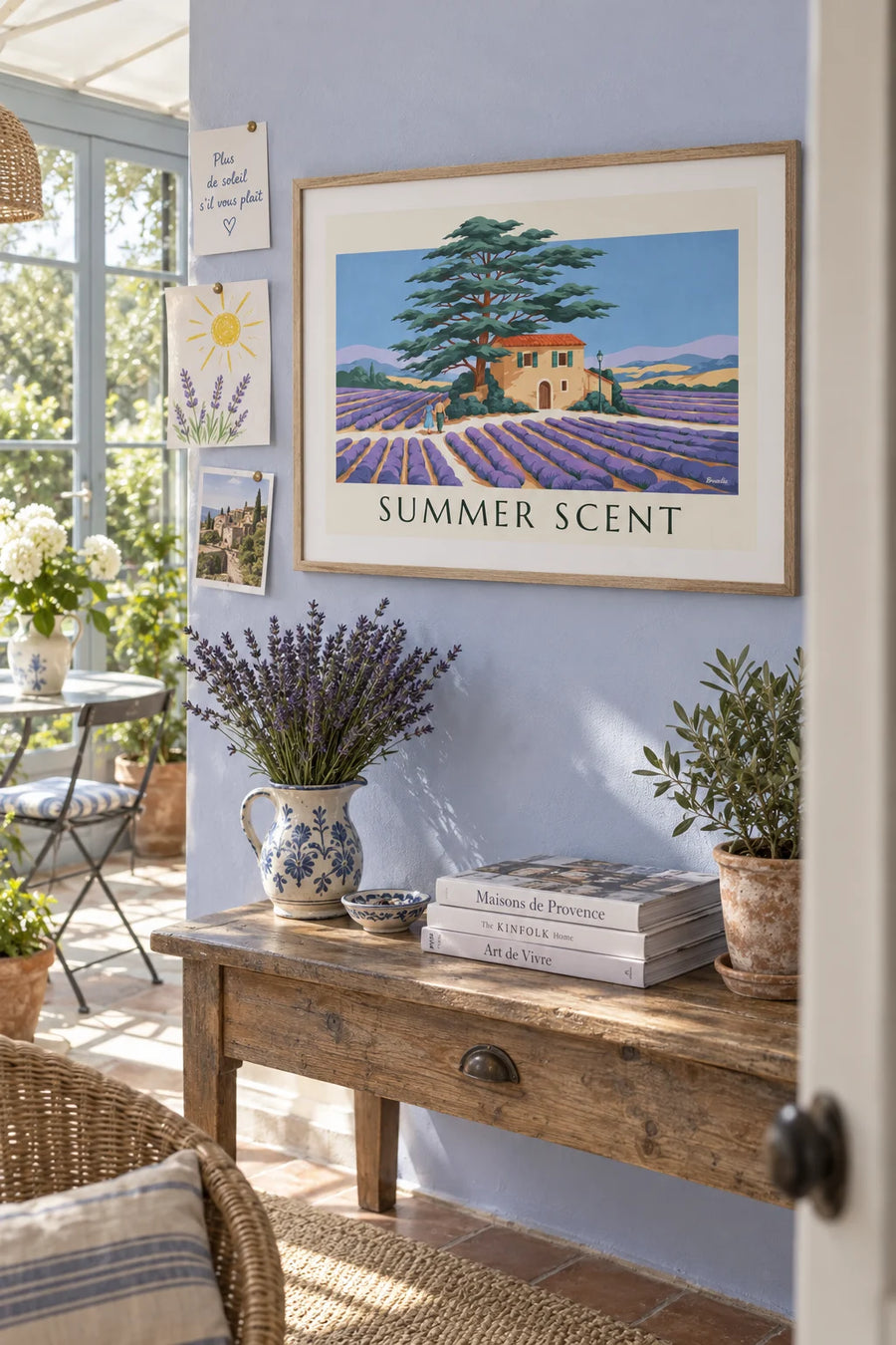 Affiche lavande, cèdre et maison provençale : encadrée au mur