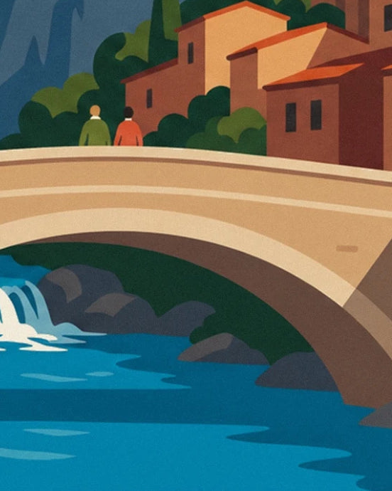 Le pont de pierre et ses 2 promeneurs, au-dessus de l’eau turquoise