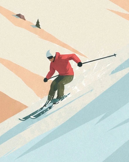 Le skieur en veste rouge et pantalon vert, ses bâtons écartés sur la neige