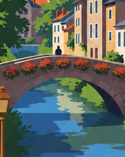 The bridge adorned with red flowers over the Odet, in front of Quimper's colourful façades