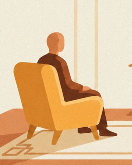 Un personnage de profil dans un fauteuil jaune, les mains sur les genoux