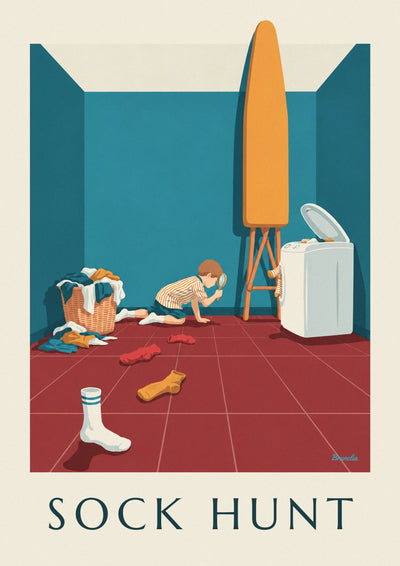 Affiche humour garçon à la loupe sur la piste des chaussettes : l'affiche entière