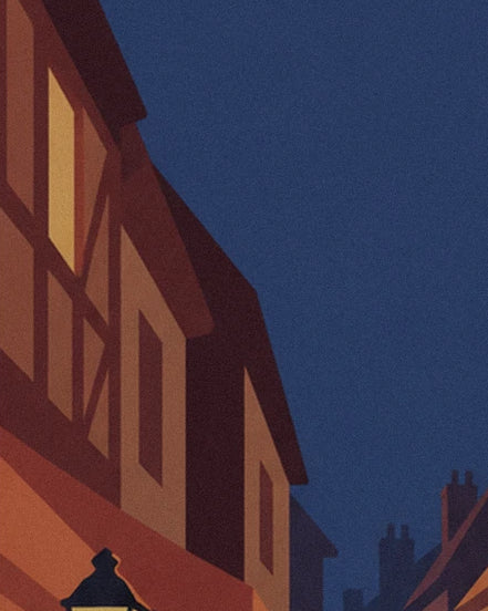 Maisons à pans de bois et fenêtre éclairée, sous un ciel bleu nuit, lanterne et cheminées en bas