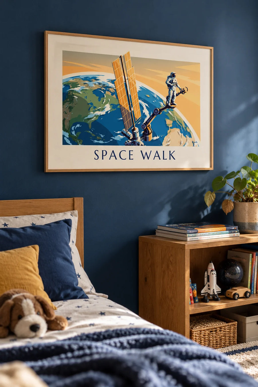 Astronaut on the robotic arm of a space station poster: framed on the wall