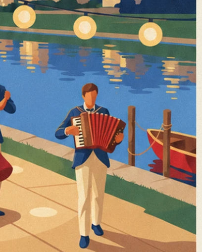 The accordionist in a blue jacket on the quay, near the red rowing boat moored to 2 posts