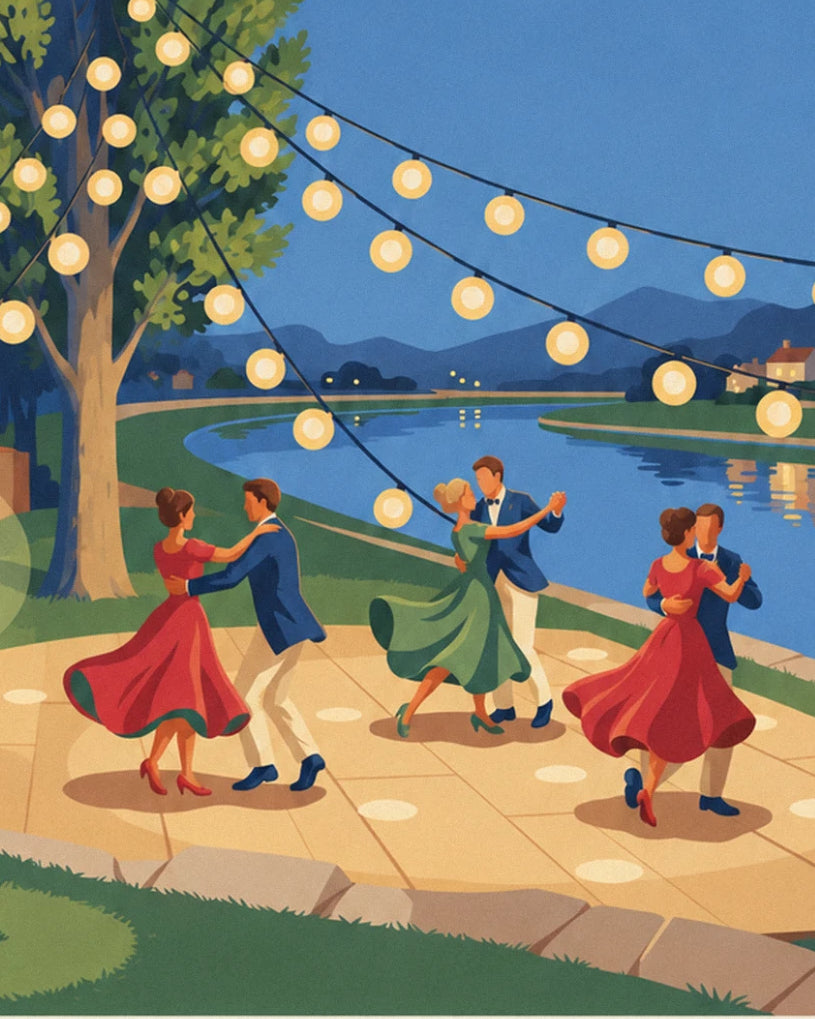 The 4 couples in red and green dresses dancing beneath the lanterns by the water