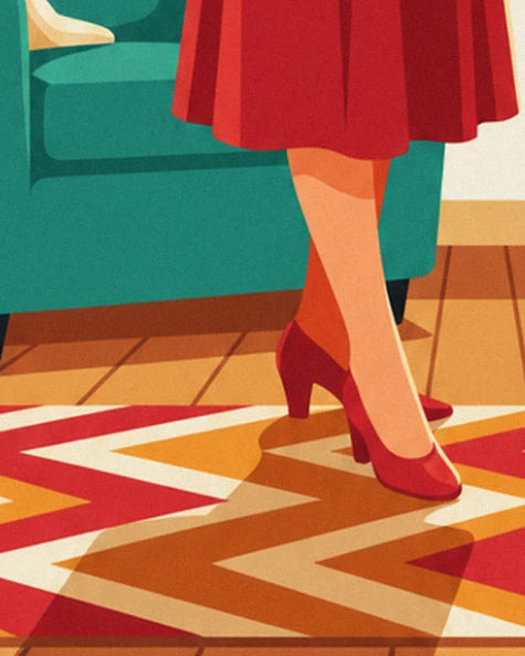 The red court shoes and the red, yellow and white zigzag rug on the wooden floor