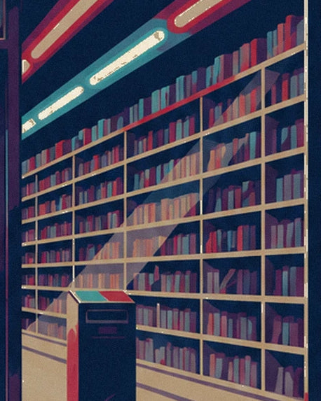 Shelves of colourful VHS tapes beneath the neon lights near a bin