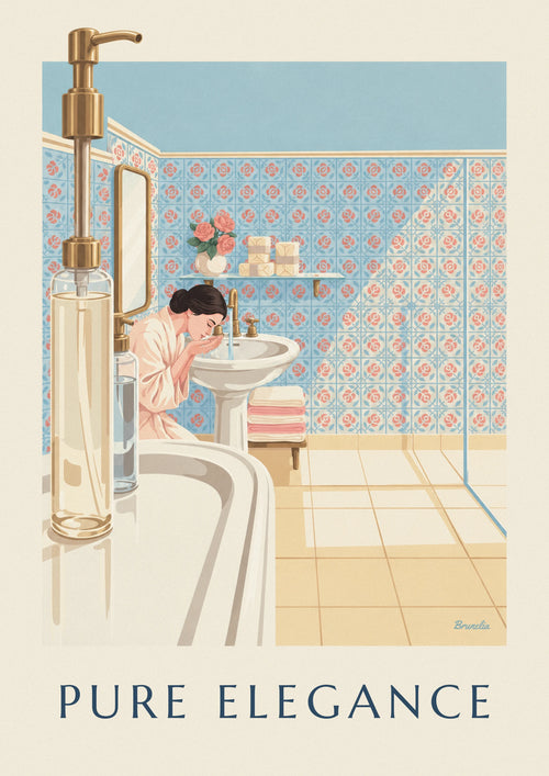 Affiche salle de bain ensoleillée, savons et lavabo en porcelaine : l'affiche entière
