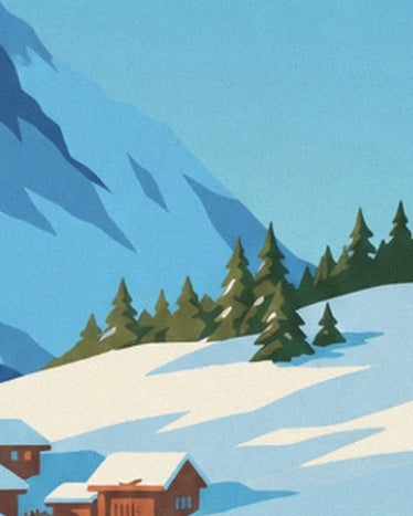 The green fir trees on the snowy slope above the chalets with white roofs