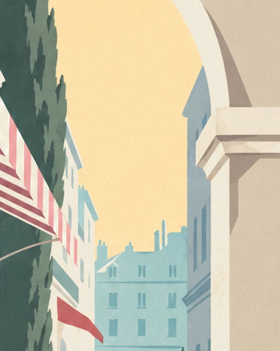 A street of pale blue buildings beneath a yellow sky, between a cypress and an arch