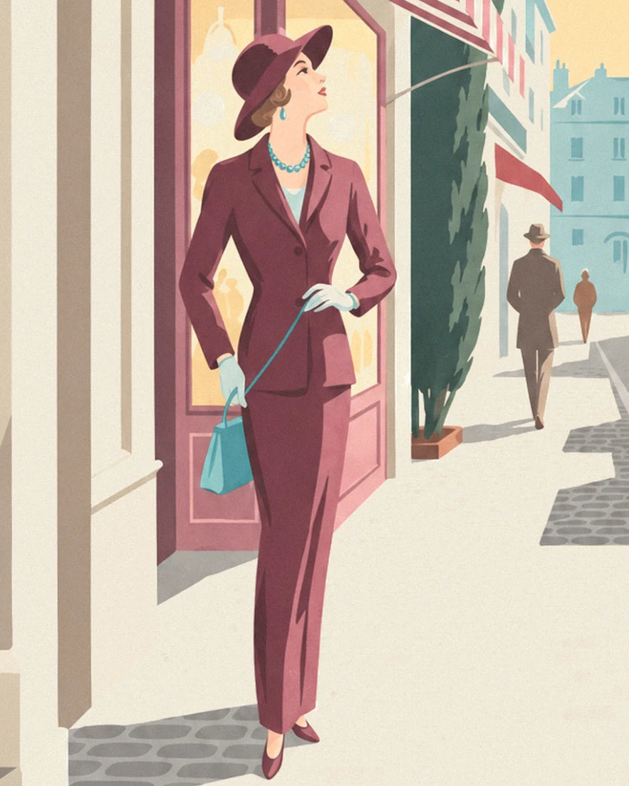 The woman in a burgundy suit and hat, turquoise bag in hand, in front of a shop window