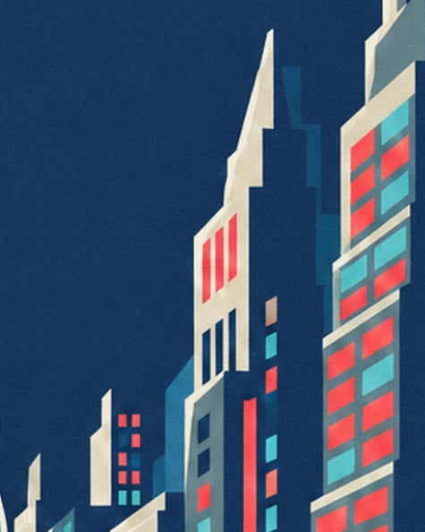 Les gratte-ciel crème et bleu nuit aux fenêtres rouges et turquoise, sous un ciel sombre